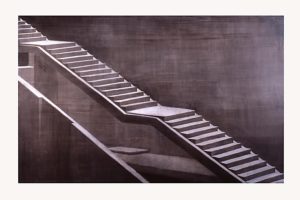 José Manuel Ballester: Escalera en construcción (2003). Pintura acrílica sobre papel encolado a tabla (156,5 x 250,3 cm)