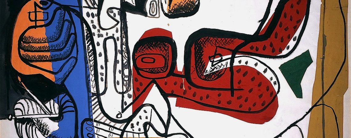 Le Corbusier: Profil et nature morte puriste devant un paysage (1928). Lápiz de grafito y lápices de colores sobre papel (27 x 21,5 cm)